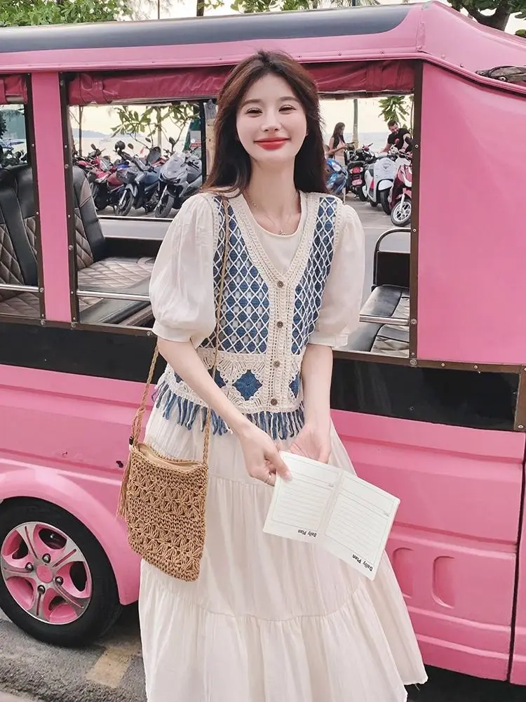 โบฮีเมียนชาติพันธุ์ถักเสื้อกั๊กเปิดเสื้อสเวตเตอร์ถักผู้หญิงฤดูร้อนน้ําหนักเบาเสื้อกั๊ก Hollow OUT Lace Fringed เสื้อแขนกุด