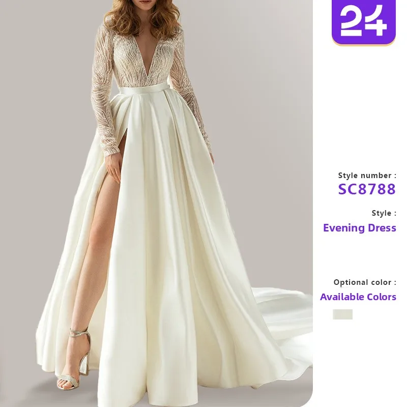 

Ele Long V-Ne White Dr Gold Emed Cross-Border Women's Faion Midi Dr Chiffon Fabric mid Waist id Cloth