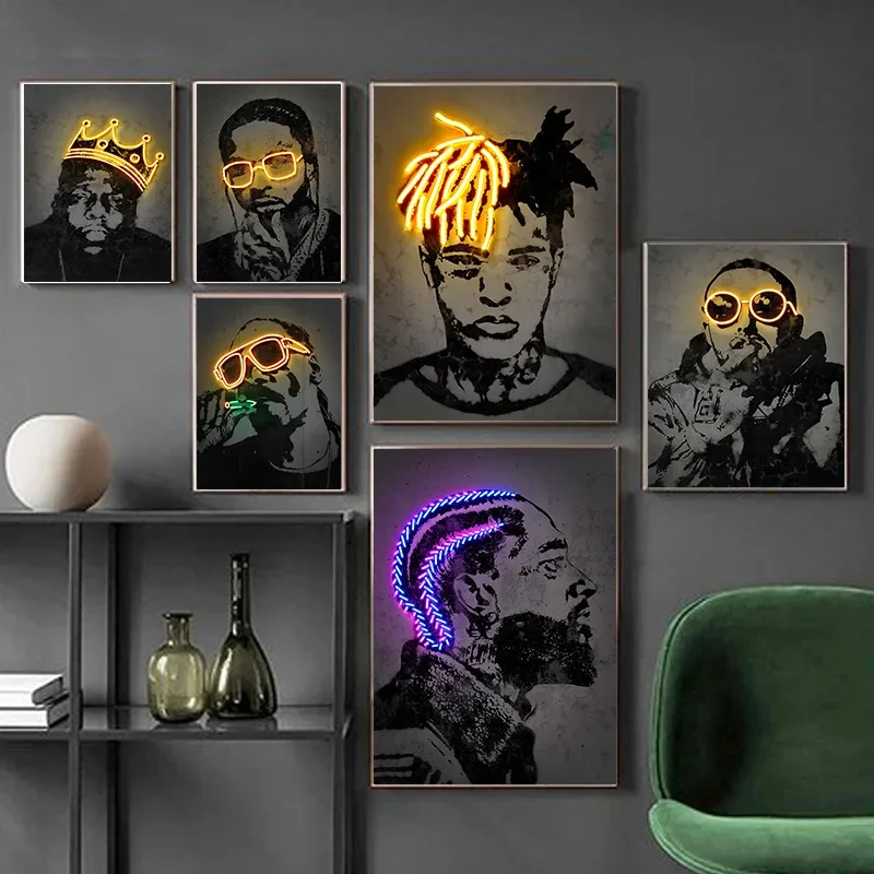 (1pc frameless)Colourful Neon Hip Hop Rapper Star Wall Art Poster Prints Abstract Graffiti Canvas Painting Picture for Living