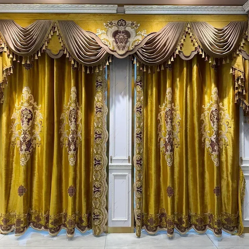 European Luxury Palace Blue Velvet Blackout Curtains for Living Room Bedroom White Tulle Valance Embroidered Custom Home Decor