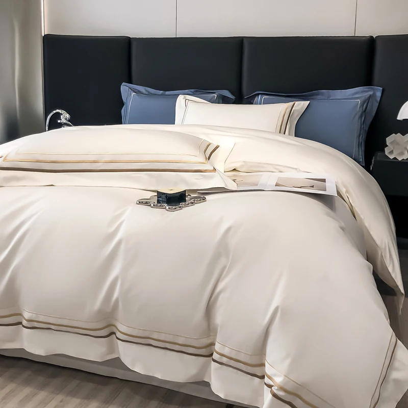 Stripes Embroidery White Bedding Set Luxury Egyptian Cotton Hotel Duvet Cover Bed Sheet Pillowcases Solid Color Home Textile