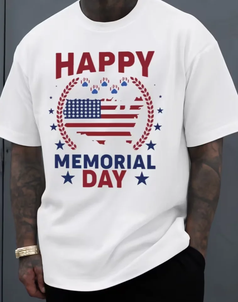 Happy Memorial Day Mens T Shirts White 2026 Top Fashionable, Machine Washable Regular Fit, Everyday Comfort Father's Day Gift