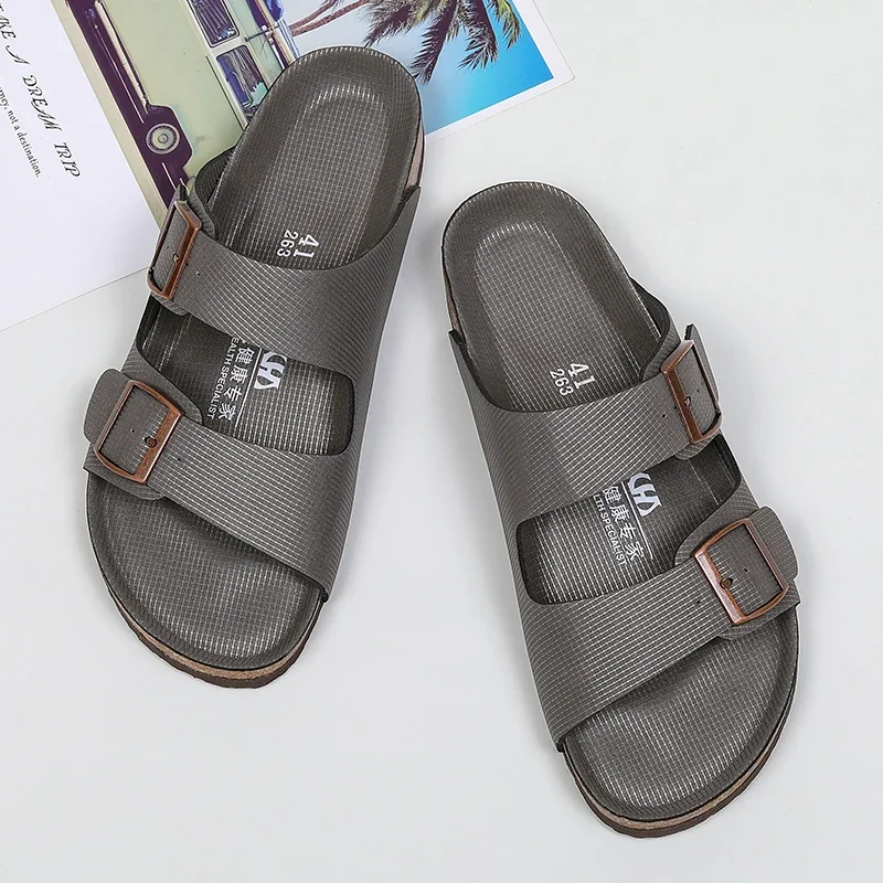 Thick Sole Men Cork Slippers Summer Casual Double Buckle Non-slip Clogs Slides Slip on Men Leather Beach Vacation Comfort Shoes