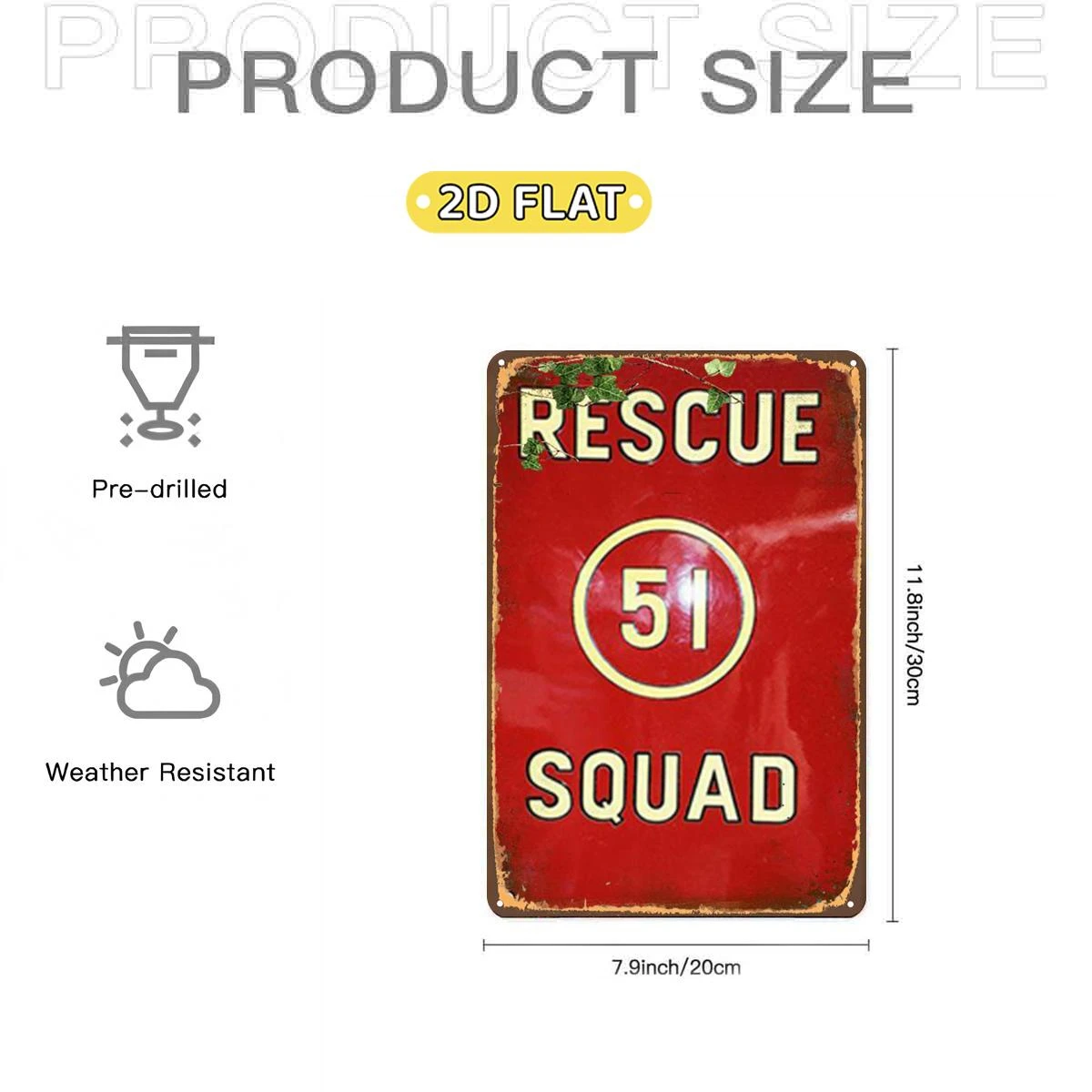 2D Flat 1pc, Rescue Squad 51, Metal Lron Sign, Size(8