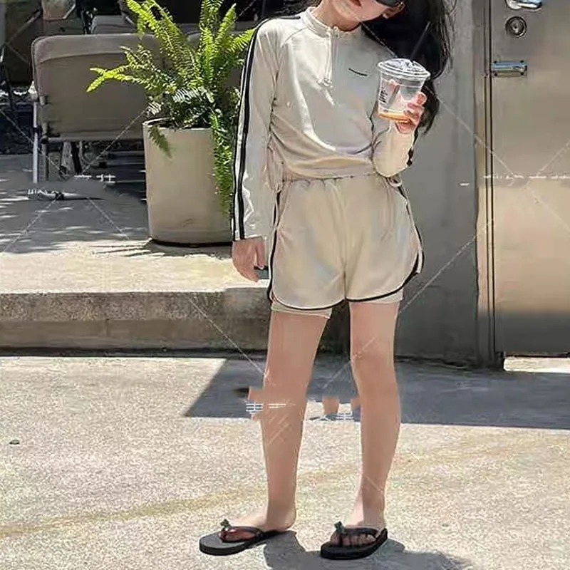 Sunscreen Clothing Girls 2024 Summer Crew Neck Zipper Spliced Pleated Casual Basic Long Sleeve Elastic Shorts Swimwear Sets