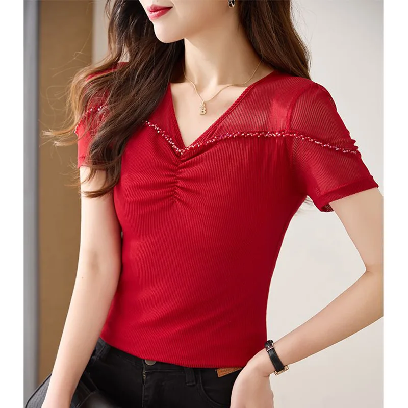 

Elegant V-Neck Spliced Loose Gauze Folds Beading Blouse Women's Clothing 2023 Summer New Casual Pullovers Tops Office Lady Shirt
