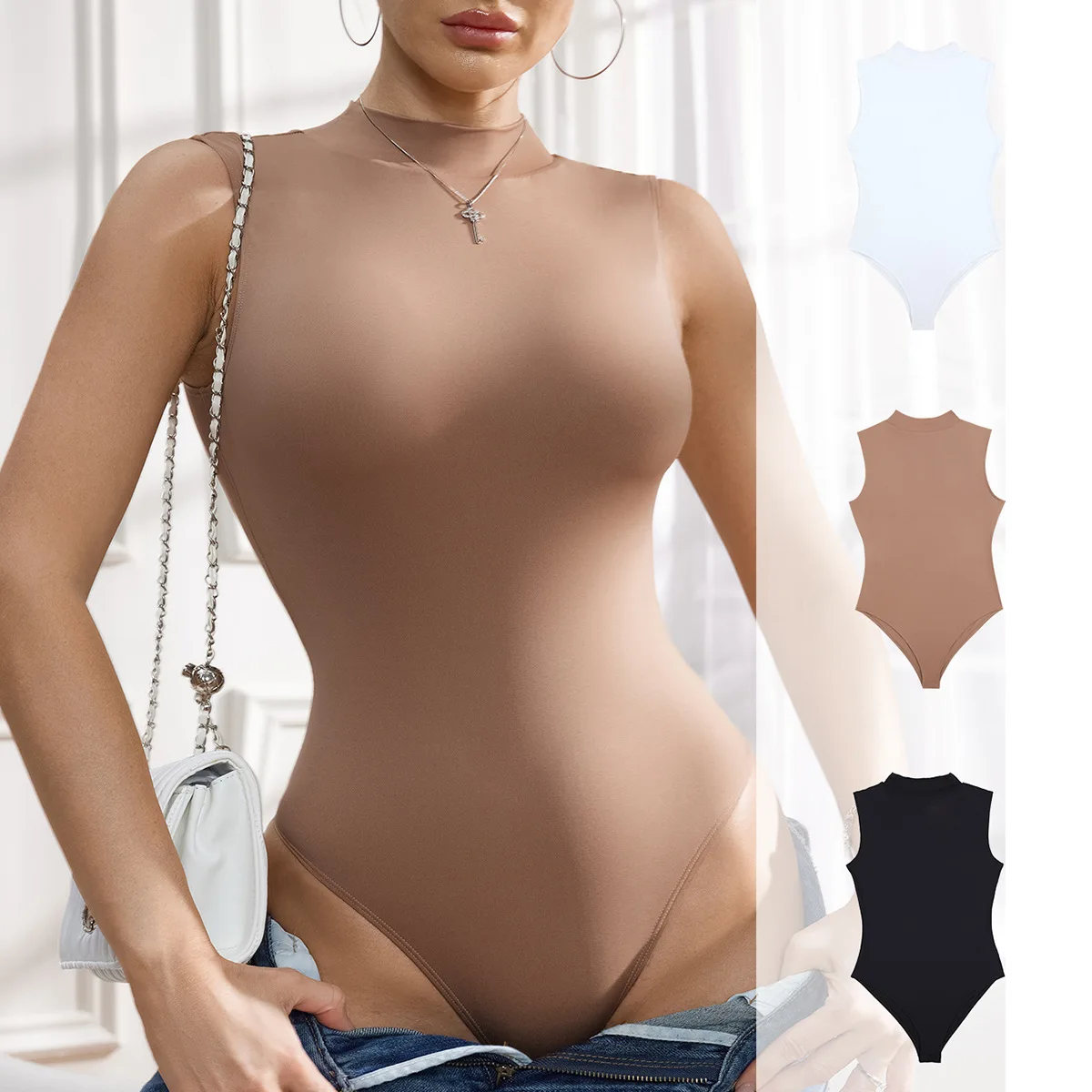 Sexy Women Bodysuit Tummy Control Butt-lifting Round Neck Sleeveless Solid Color New Style Girls Innerwear