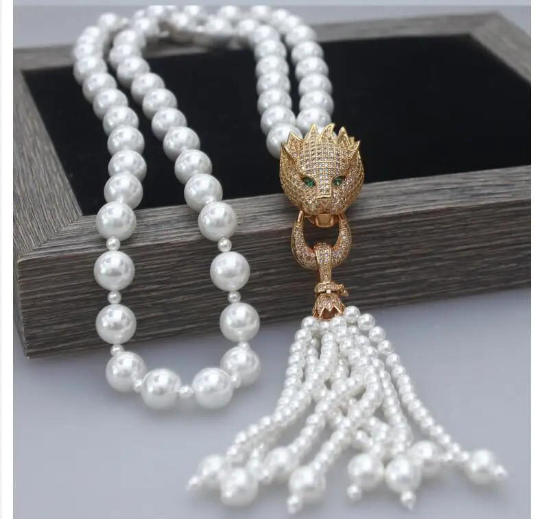 

10-3mm south sea pearl necklace Leopard panther Head Zircon Natural Shell Pearl Chain Tassels Fashion Jewelry Necklace