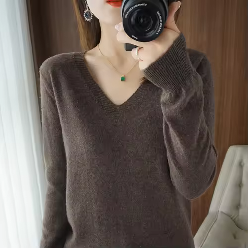 New Cashmere Women's V-neck Pullover Lace Neck Hollow Out Design Casual Knitted Long Sleeve Women's Sweater Autumn And Winter - Image 6