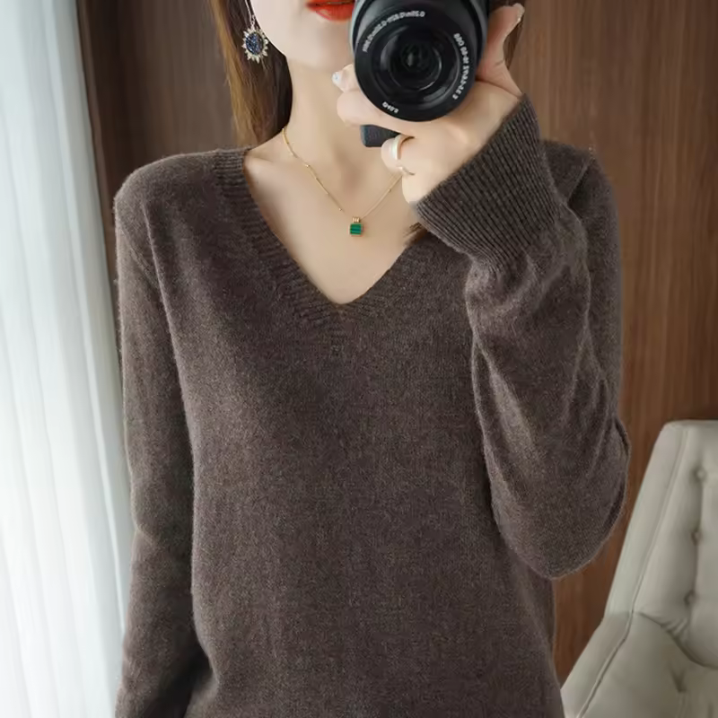 New Cashmere Women's V-neck Pullover Lace Neck Hollow Out Design Casual Knitted Long Sleeve Women's Sweater Autumn And Winter - Image 6