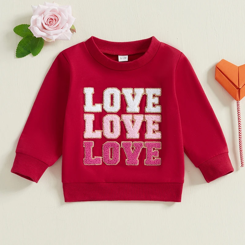 Toddler Boys Girls Valentine's Day Sweatshirt Letter Embroidered Long Sleeve Round Neck Casual Pullover Tops