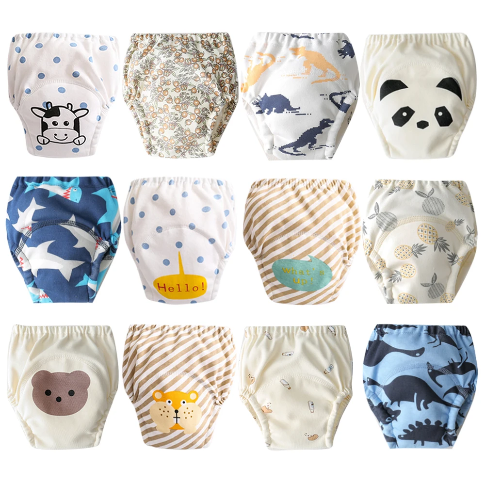 Absorbent Training Pants with Cute Prints - High Quality Washable Cotton, Potty Training Diaper panties for Kids, 12 Pack