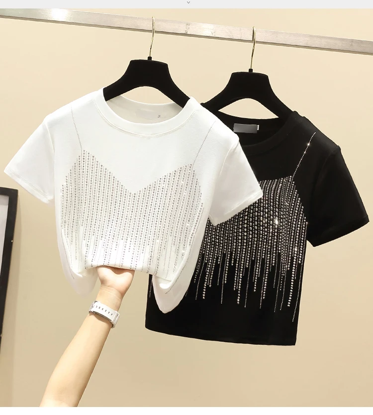Sommer Frauen Strass T-shirt Einfarbig Rundhals Kurzarm Top Koreanische Casual Mode Weibliche Shiny Tees