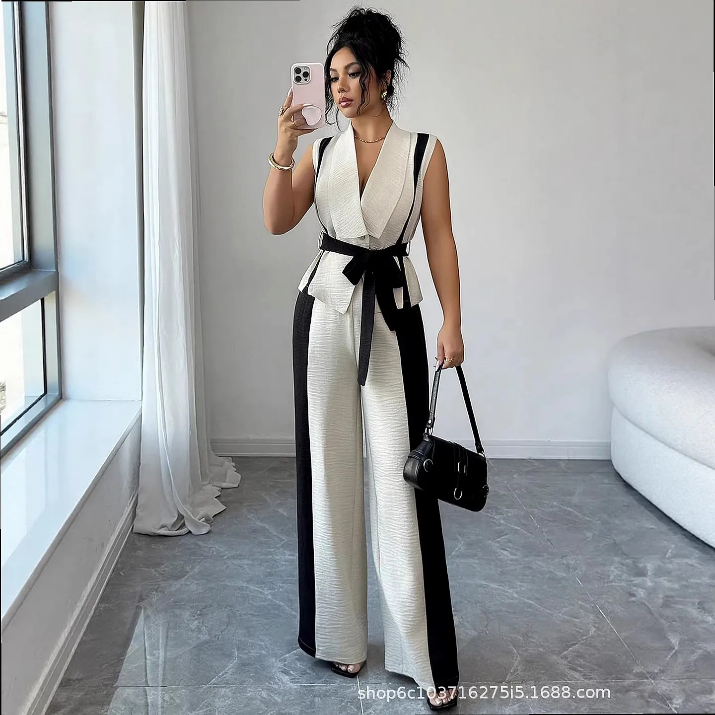 Women's V Neck Sleeveless Vest Blazer Jumpsuit Sets with Belt Wide Leg Pants Matching Set