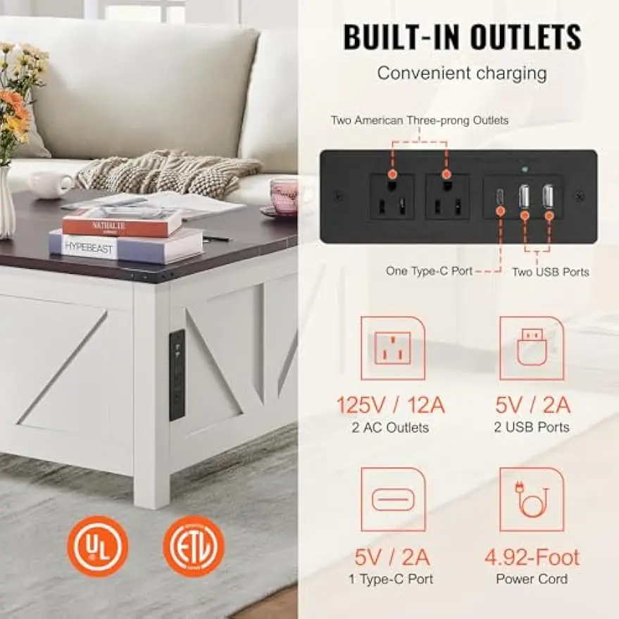 36" Farmhouse Coffee Table, Hinged Lift Top Square Coffee Table with Built-in Power Strip, Wooden Rustic Cocktail Table