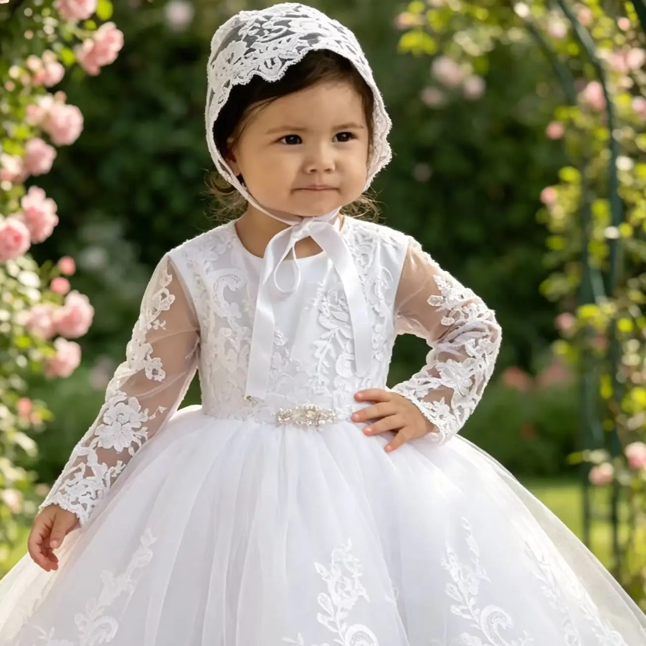 Lovely White Customized Flower Girl Dresses for Wedding Full Sleeves Lace Floor Lenght Kids Birthday First Communion Ball Gowns