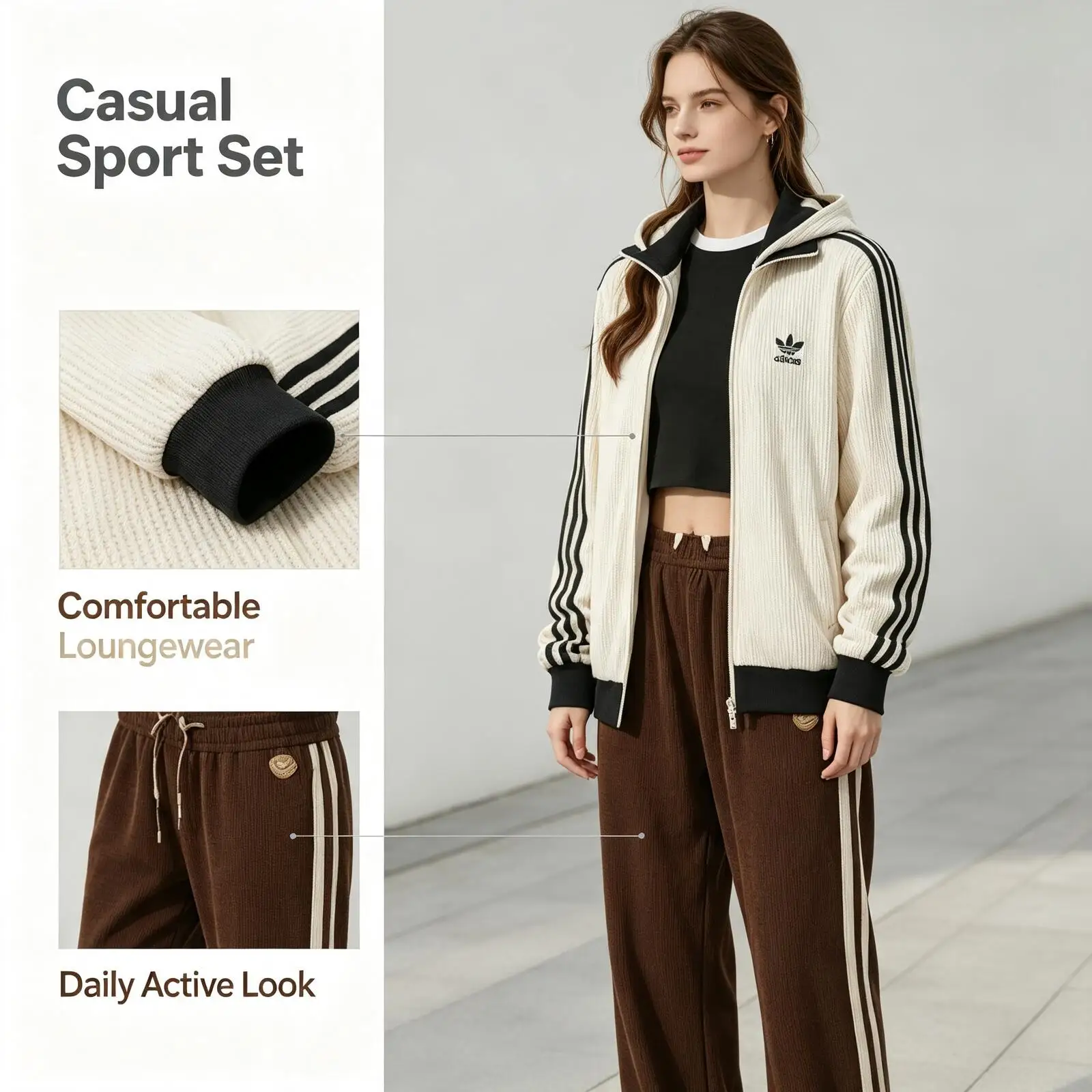 Adidas Beige Color Block Tracksuit Women 2-Piece Soft Fleece Casual Sport Set Hoodie Sweatpants Loungewear Jw0109