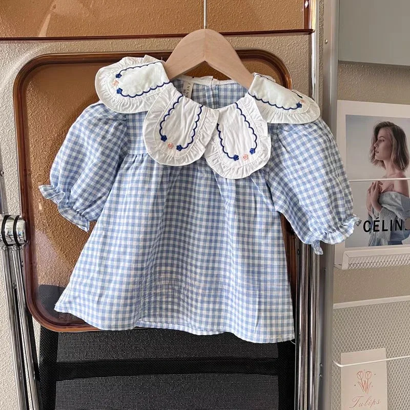 Blue Checkered Shirt Spring New Korean Fashion Cute Bubble Sleeve Blue Checkered Doll Shirt Kids Clothes Girls