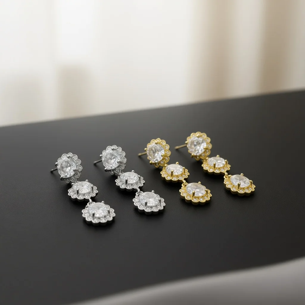 Three‑Tier Floral Halo Zircon Long Dangle Earrings Gradient Round Stone Flower Frame Silver‑Tone Women Elegant Banquet Fashion