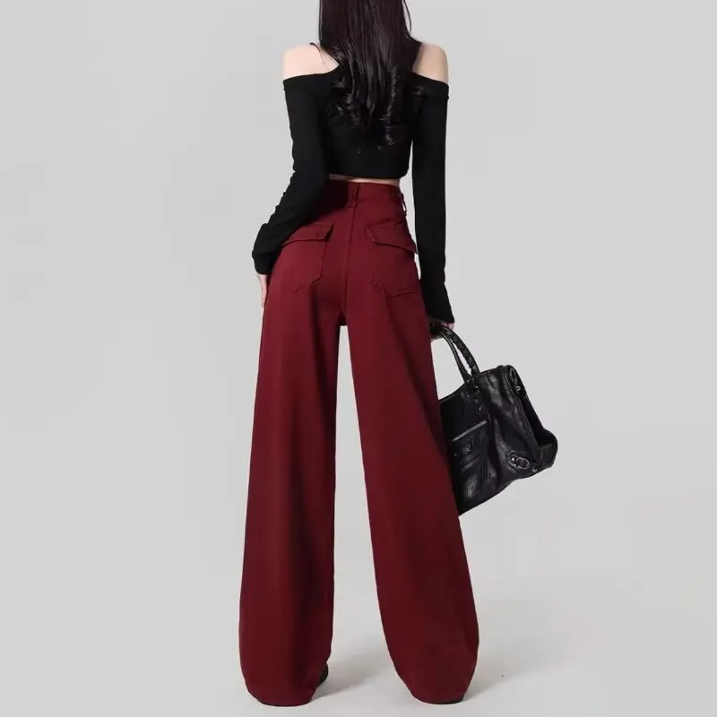 New Autumn Women's Jeans Sweatpants Retro Rose Red Casual Pants Fashionable Women's Clothing Daily Travel Pants 2024