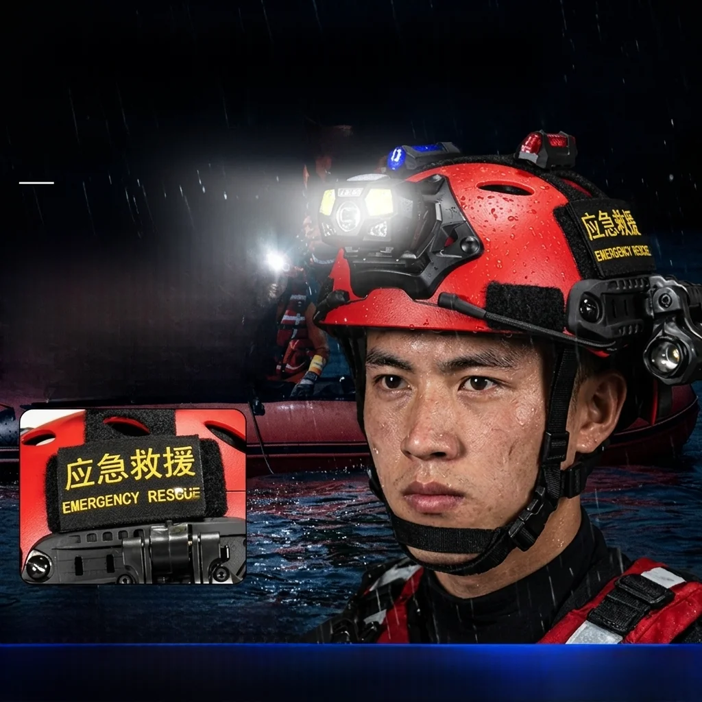 水上救助安全ヘルメット-プロ仕様-屋外緊急対応ヘルメット-ヘッドライトとサイドライト付き-ウォータースポーツ用