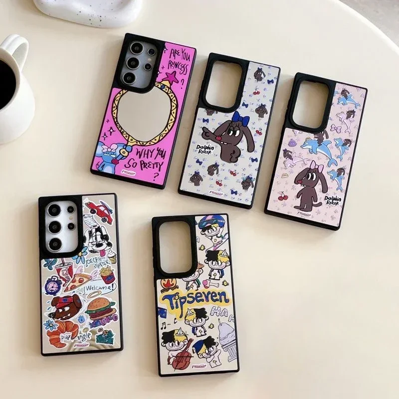 Custodia magnetica con superficie a specchio per cani Graffiti con bordo nero per custodia per Samsung Galaxy S25 + Plus S24 S23 Ultra S25U