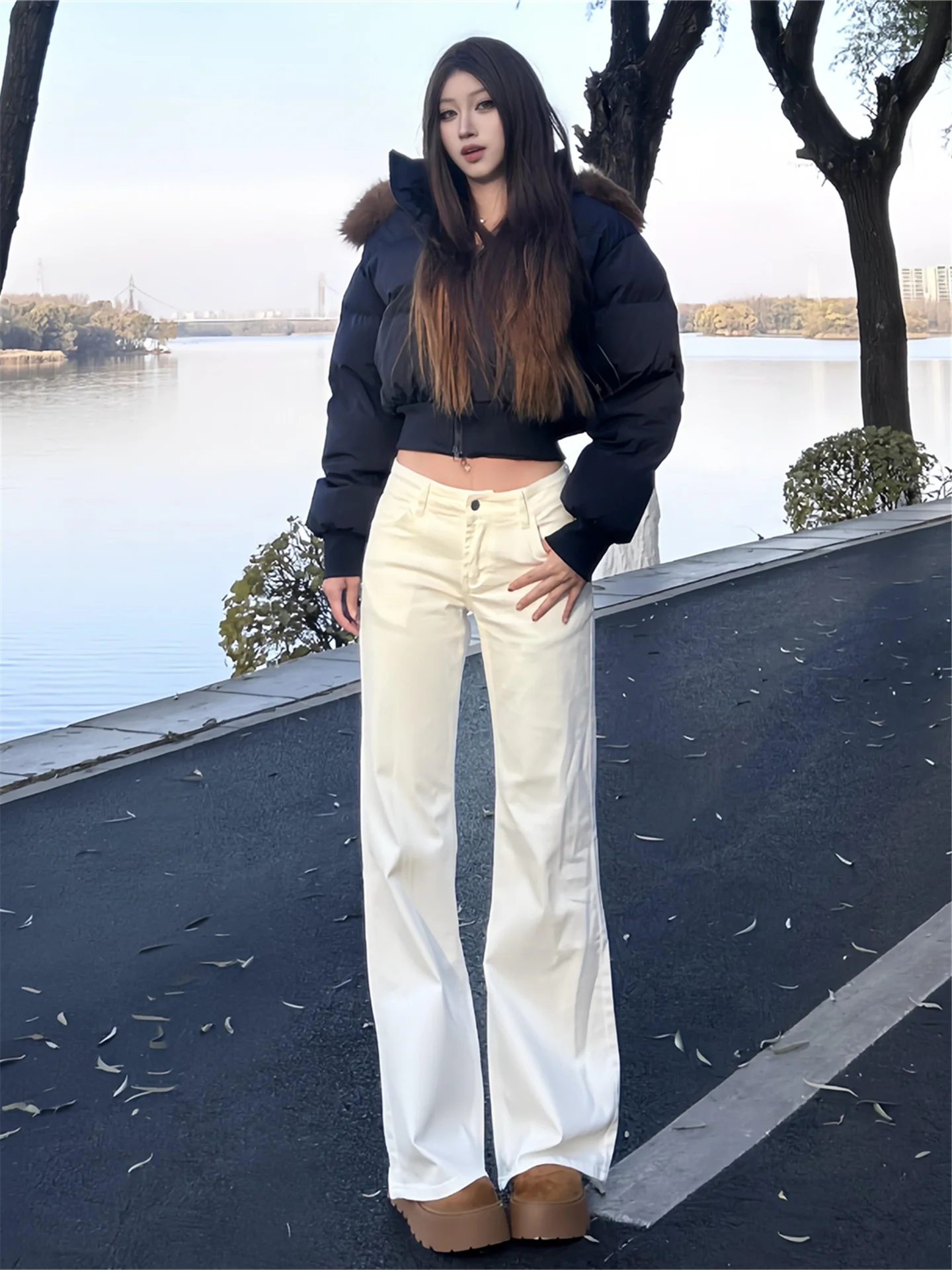 

Low Waist American Street Style White Bell Bottom Jeans Women's Loose Drapey Tall Extended Length Casual Pants