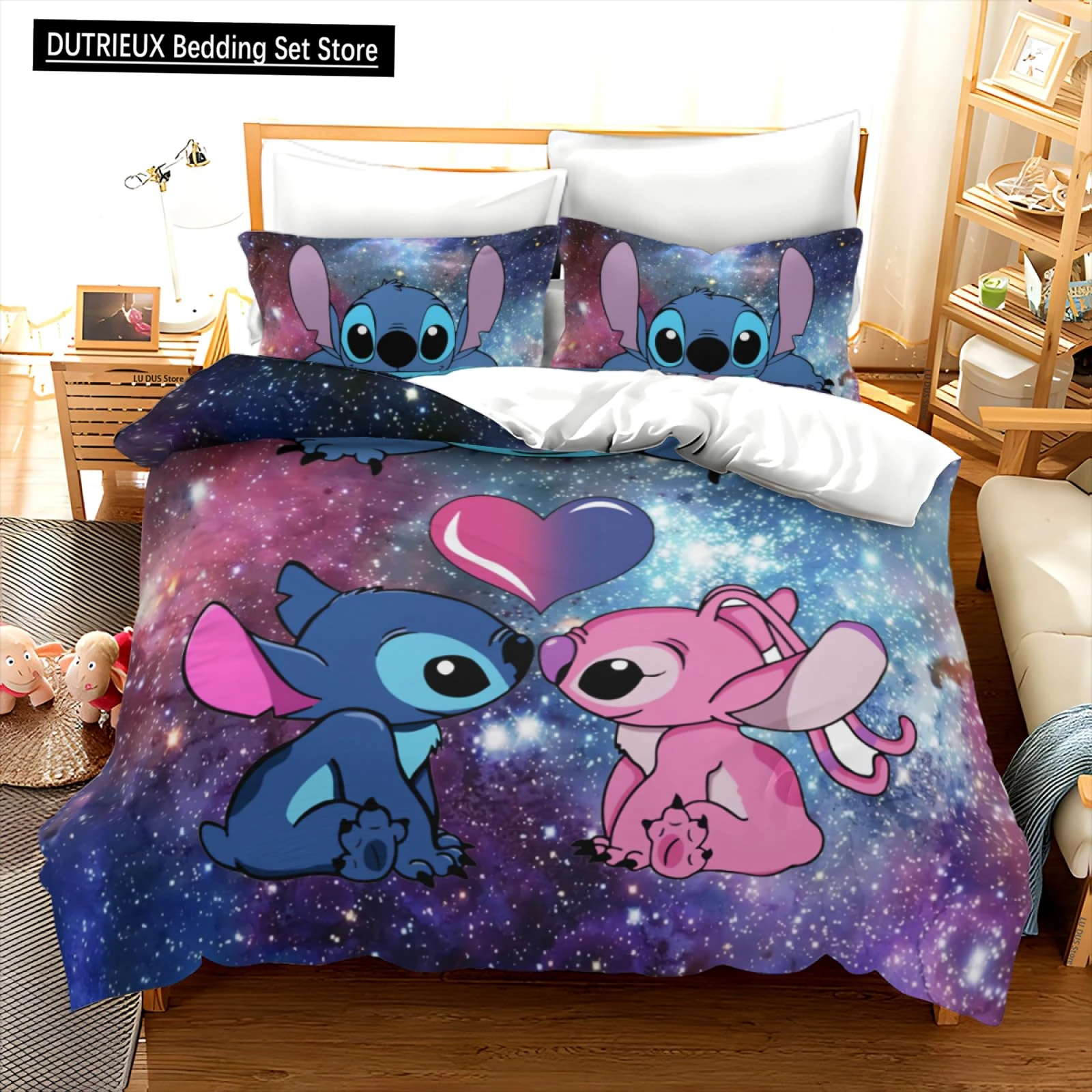 Stitch Cartoon Duvet Cover Starry Sky Background Cute Kawaii Bedding Set Quilt Cover for Teen Boys Kids Girls Bedroom Decoration