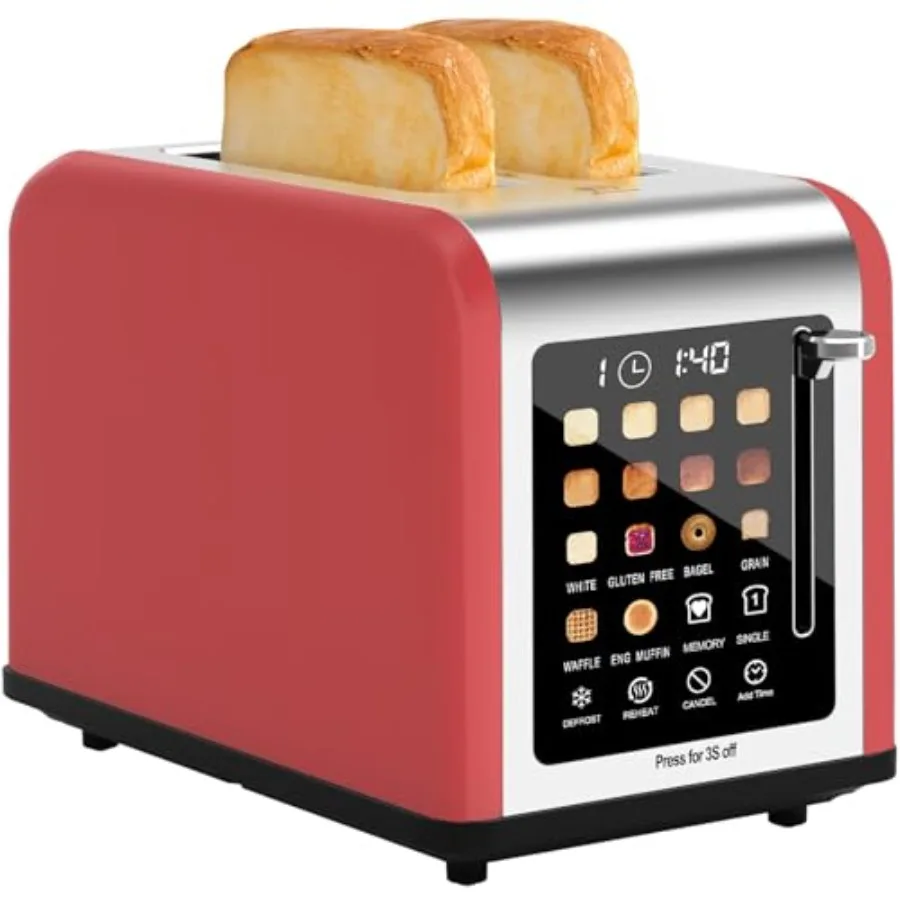 

2 Slice Toaster with Touch Screen Stainless Steel Red Digital Timer 8 Shade Settings 6 Bread Types for Bagel Cancel Defrost