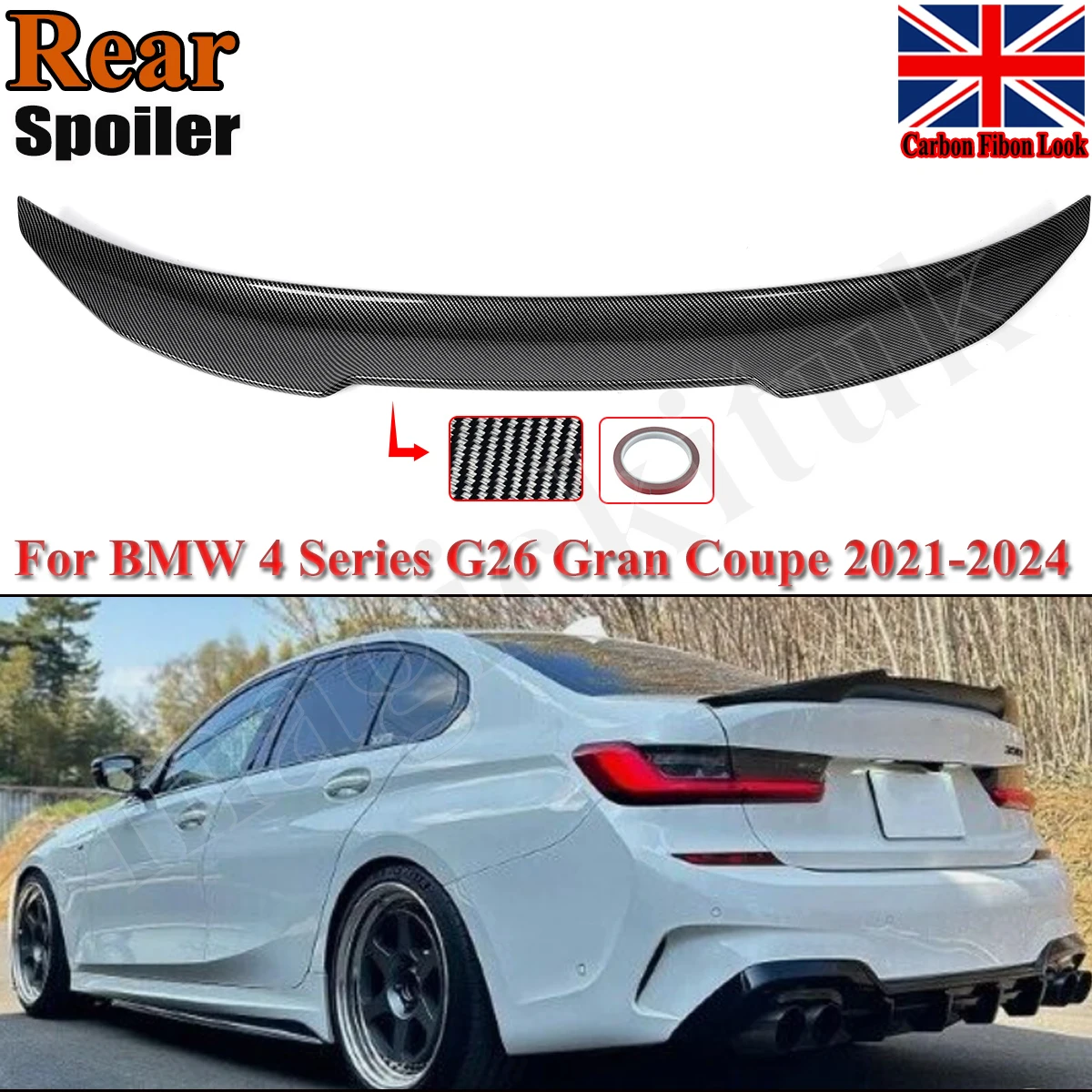 

Magickit Rear Tail Wings For 2021-2025 BMW G26 Gran Coupe i4 Carbon Fiber Look PSM Style Highkick Trunk Spoiler Lip