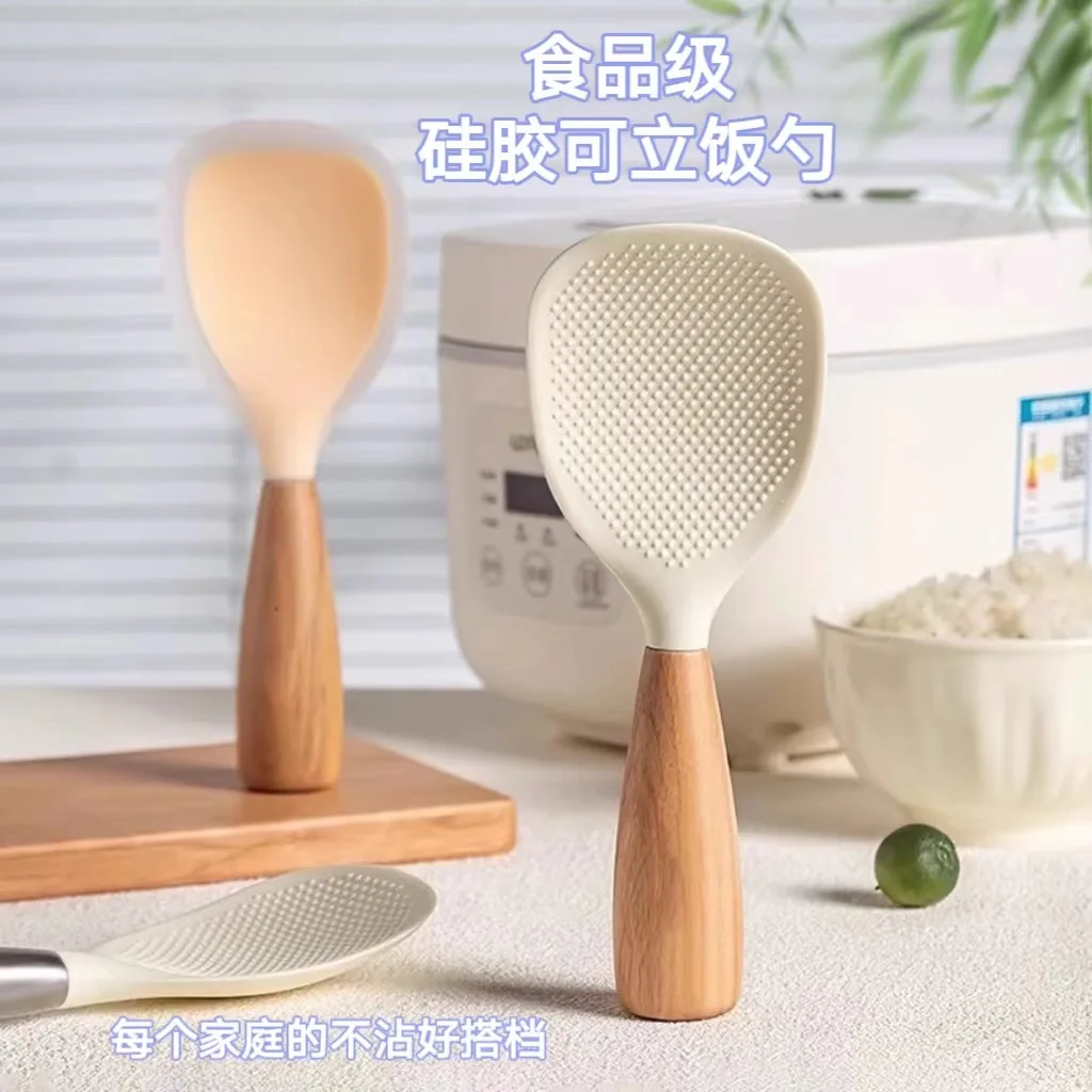 1Pc Food Grade Silicone Rice Spoon, Heat Resistant Self-standing Non-stick Serving Spoon with Wooden Handle