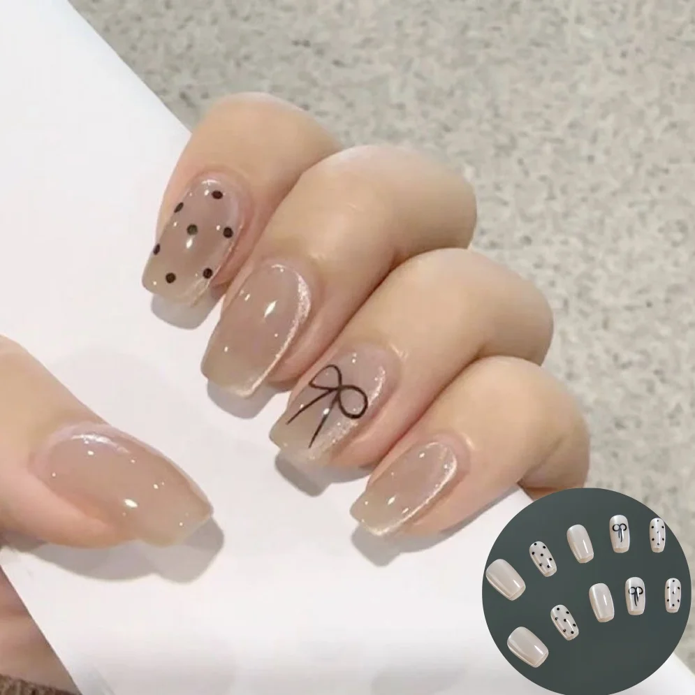 

10Pcs Short Press on Nails Set Polka Dot Bowknot Design Cat Eye False Nail Tips Reusable Full Cover Fake Nail for Woemn & Girls