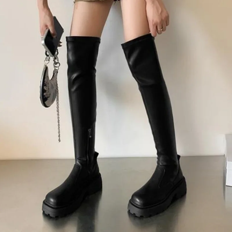 ​Super Women's Over The Knee Boots 2025 Spring Autumn Platform Friendly Stretchy Slimming Square Toe High Shaft Black Boots​
