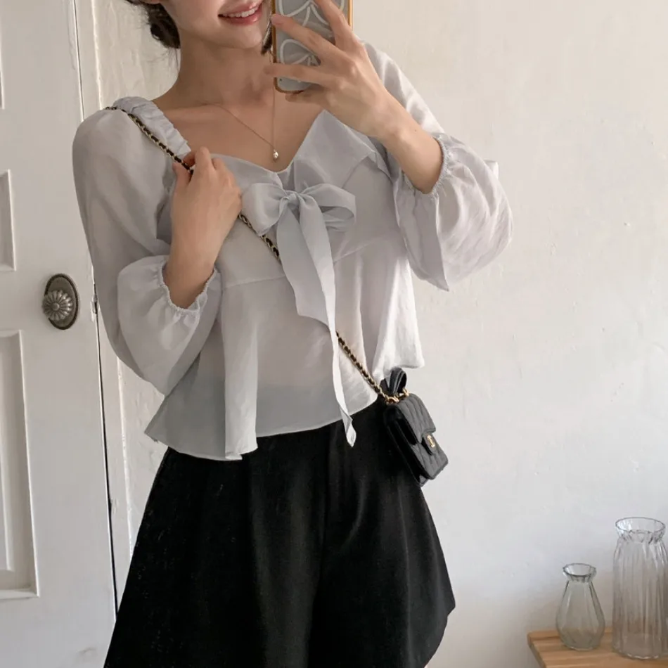 Lungo da donna Sve irt Primavera Autunno Colore puro Colletto quadrato Nodo ort Top Design coreano Versatile Ele Sweet