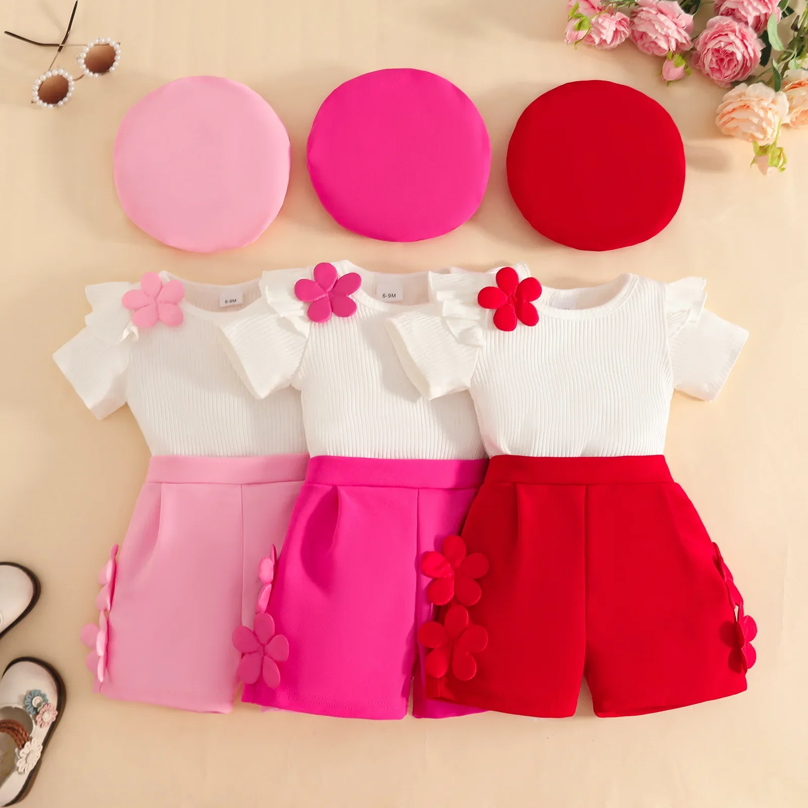 الحلو الفتيات ثلاثية الأبعاد الأزهار الزي 2026 الصيف قصيرة الأكمام أعلى السراويل القبعات 3 قطعة مطابقة مجموعة أزياء الاطفال الملابس ل 0-3Y