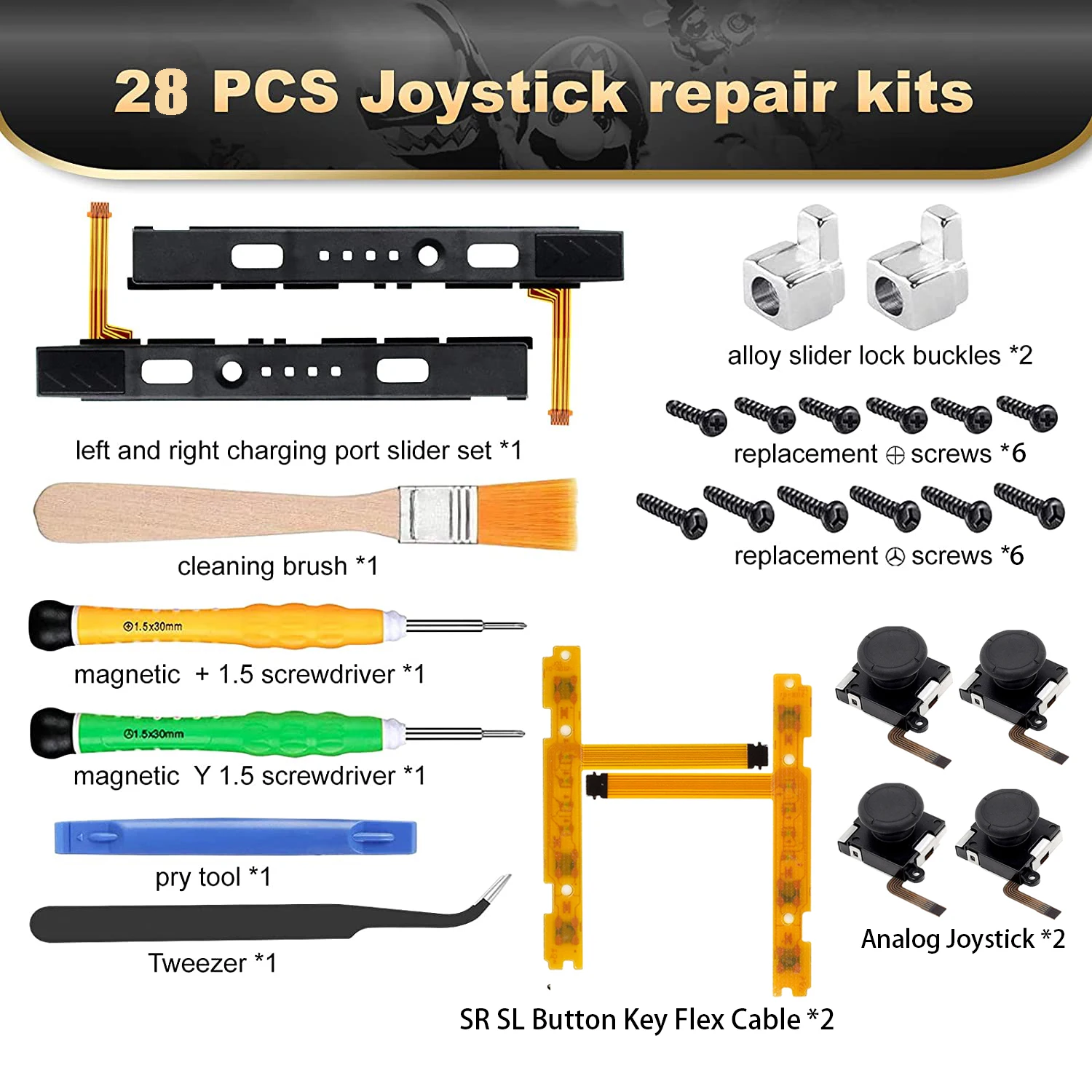 28 w 1 NS Joycon Joystick wymiana zestaw naprawczy lewy i prawy suwak metalowe klamry do przełącznika Nintendo Lite/Oled akcesoria