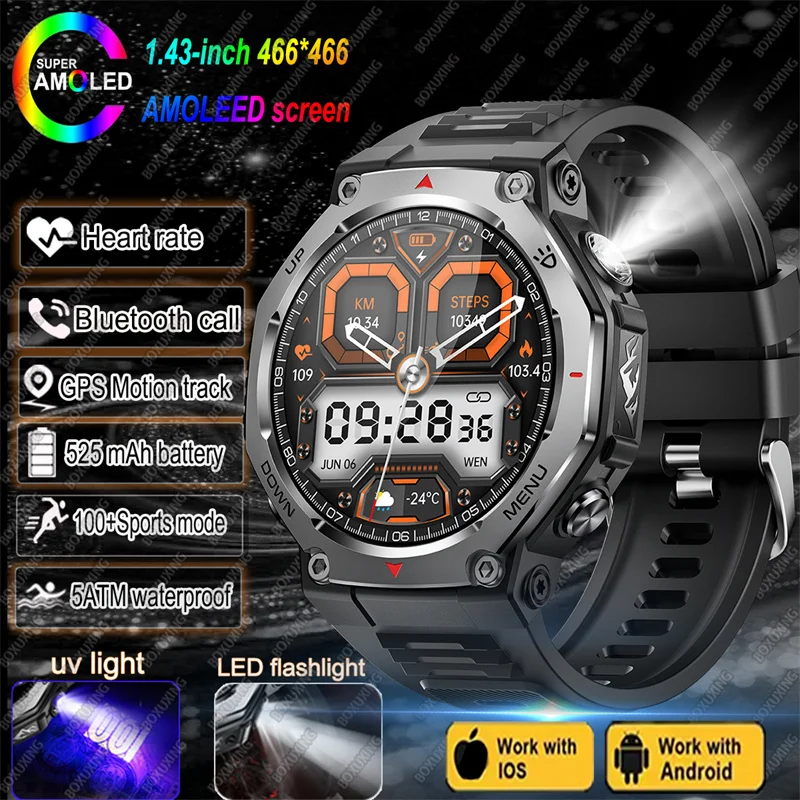 

T-Rex 3 GPS Smart Watch 5ATM Waterproof 1.43 inch AMOLED HD Screen BT Call Flashlight Military Sport Smartwatches Men 2025 New