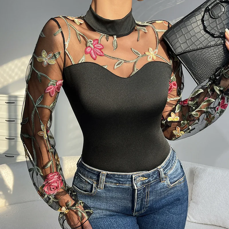 Ricamato Me Bubble Sve Abito lungo sexy svasato trasparente per donna Pantaloni a vita alta Fibra di poliestere