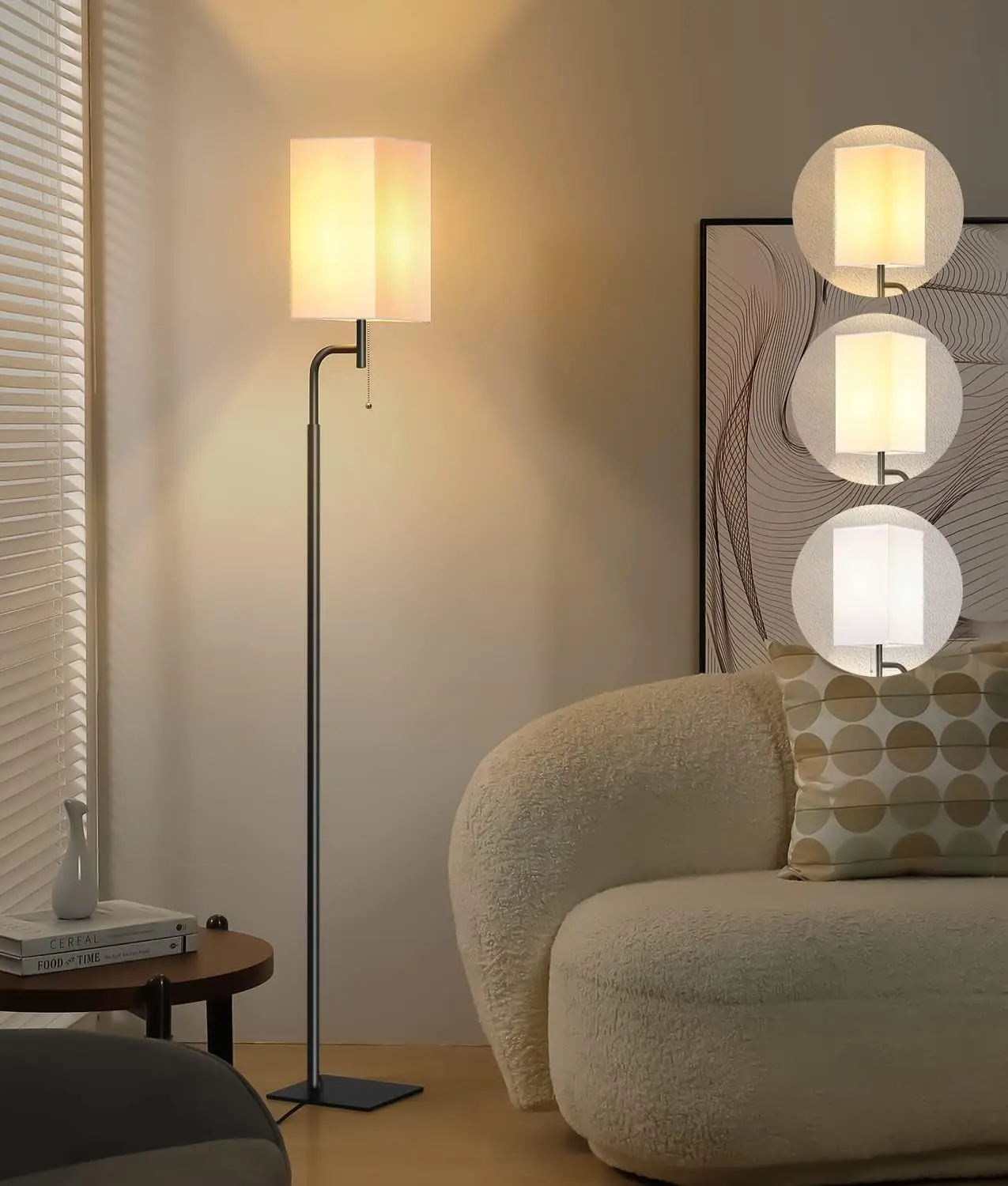 

Floor Lamp for Living Room, 3 Color Temperatures, Modern Standing Lamp with Square Linen Shade