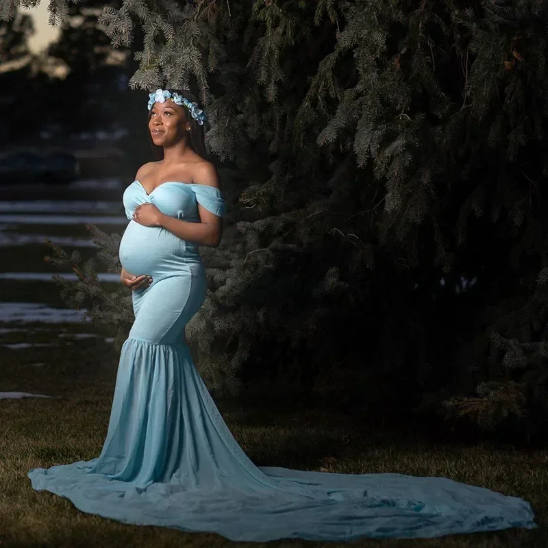 Nuovi oggetti di scena per fotografia di maternità Abito in cotone per gravidanza Foto con spalle scoperte Abiti a coda di pesce a coda lunga per donna Abiti maxi