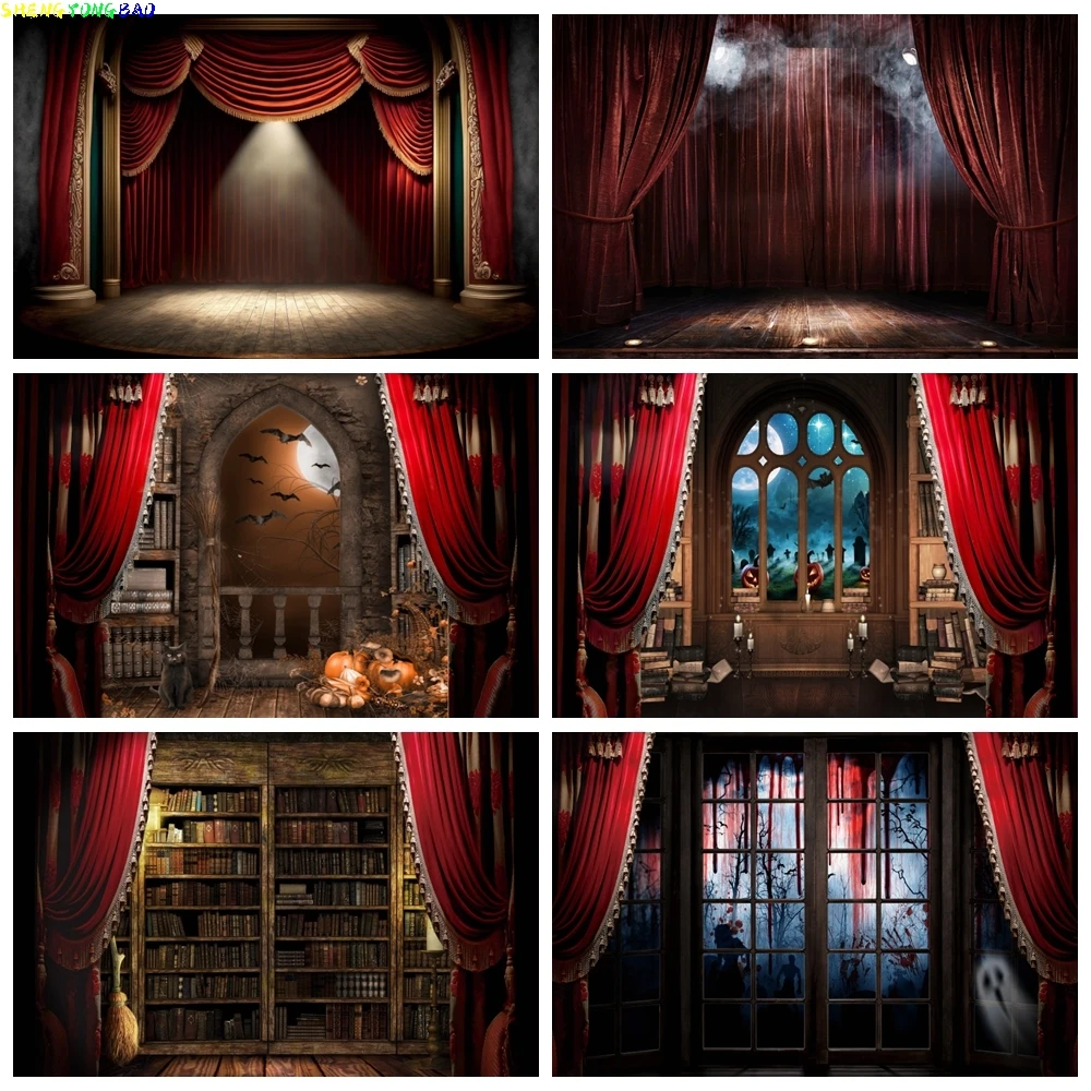 

Halloween Decor Background Moon Night Retro Red Curtain Wood Window Ghost Bat Pumpkin Portrait Backdrop for Photography Props