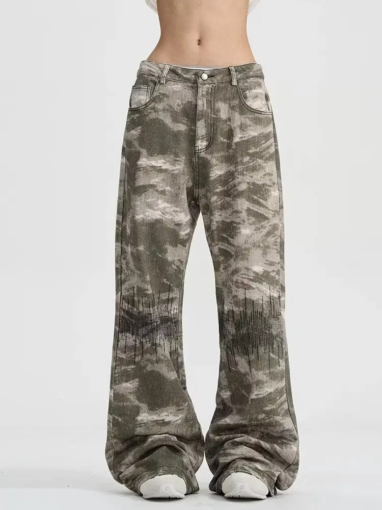 

New Camouflage Speckled Digital Printed Jeans for Men and Women Straight Casual Baggy Denim Trousers Loose Cargo Pants Women