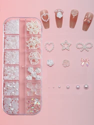 12 grid resin jewelry mixed accessories Pearl bow ribbon rose camellia nail decorations are suitable for nail DIY art accessorie