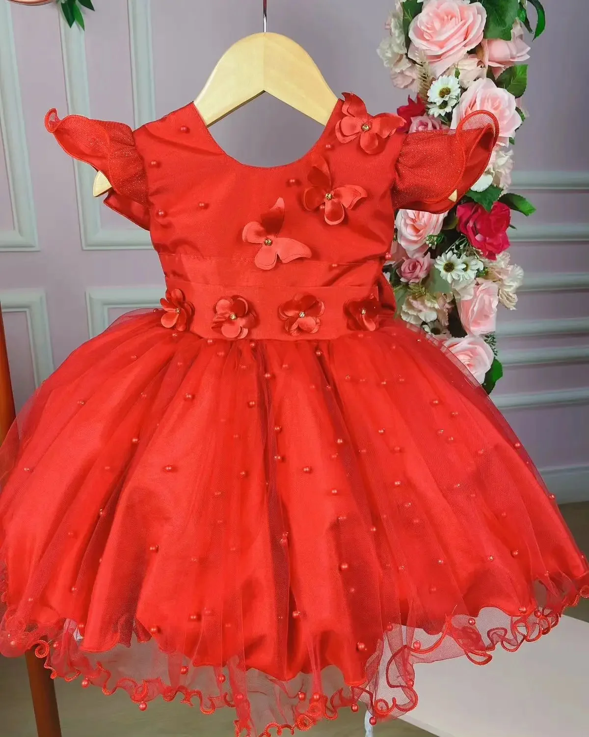 Princesa vestidos da menina de flor para o casamento luz rosa 3d borboleta arco pérola crianças vestidos de baile até o chão primeira comunhão wear