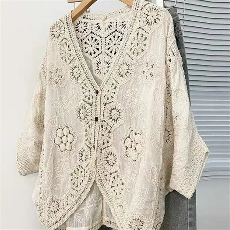 Oversized V Neck Bohemian Shirt Breathable Lace Detail Casual Beach Cover Up 