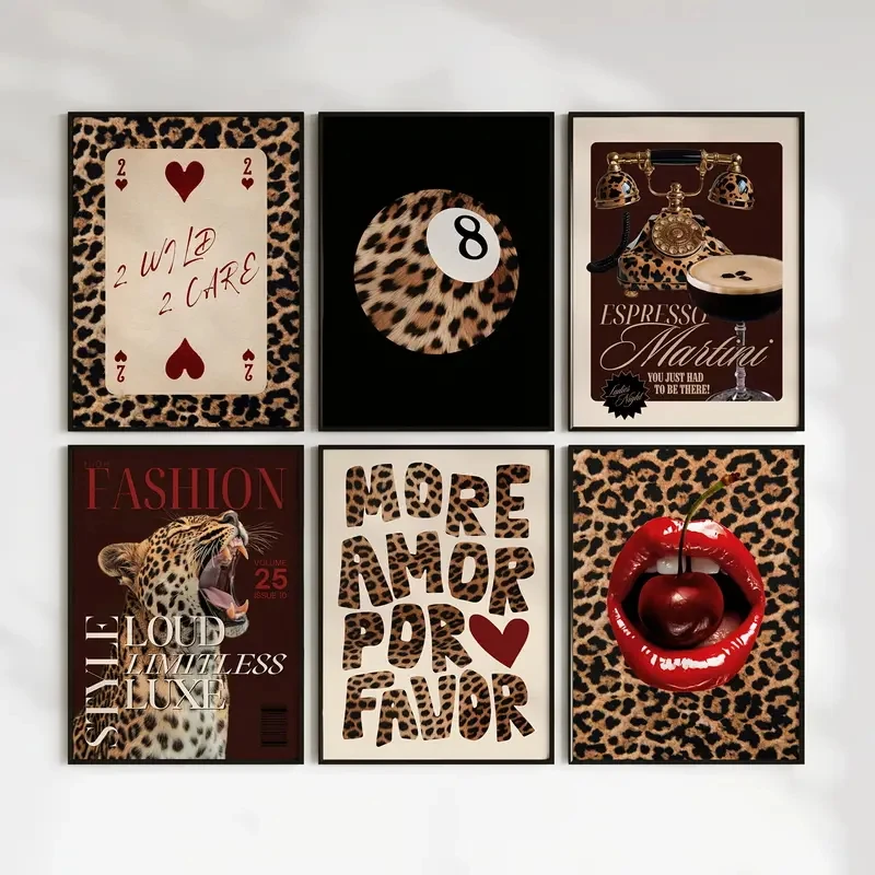 6pcs/Set Modern Leopard Print Theme Wall Art Canvas Poster Printed Materials Home Decor Bedrooms