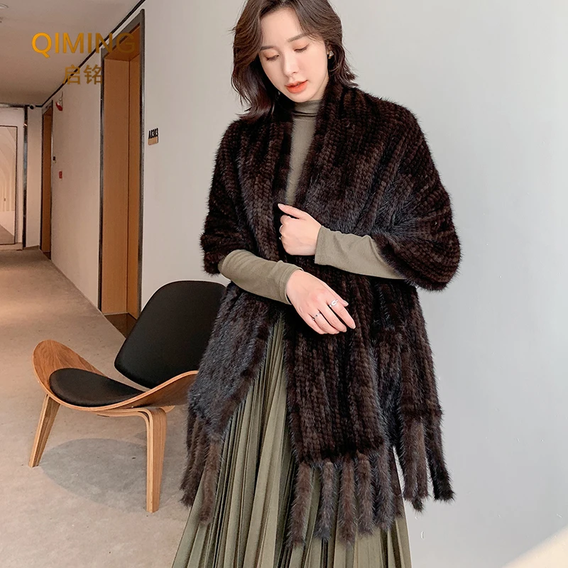 Long Style Large Winter Scarf Real Mink Fur Scarf Fringe Lady 100% Natural Mink Fur Shawl Women Knitted Fur Pashmina Scarves