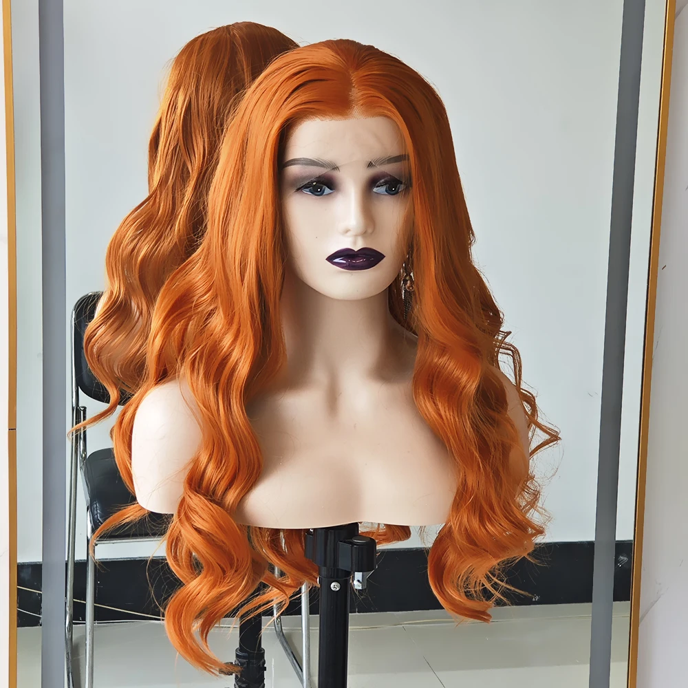 RONGDUOYI Orange Wave Hair Synthetic Wig Natural Hairline Long Hair Lace Front Wigs Fiber Makeup Cosplay Women Use