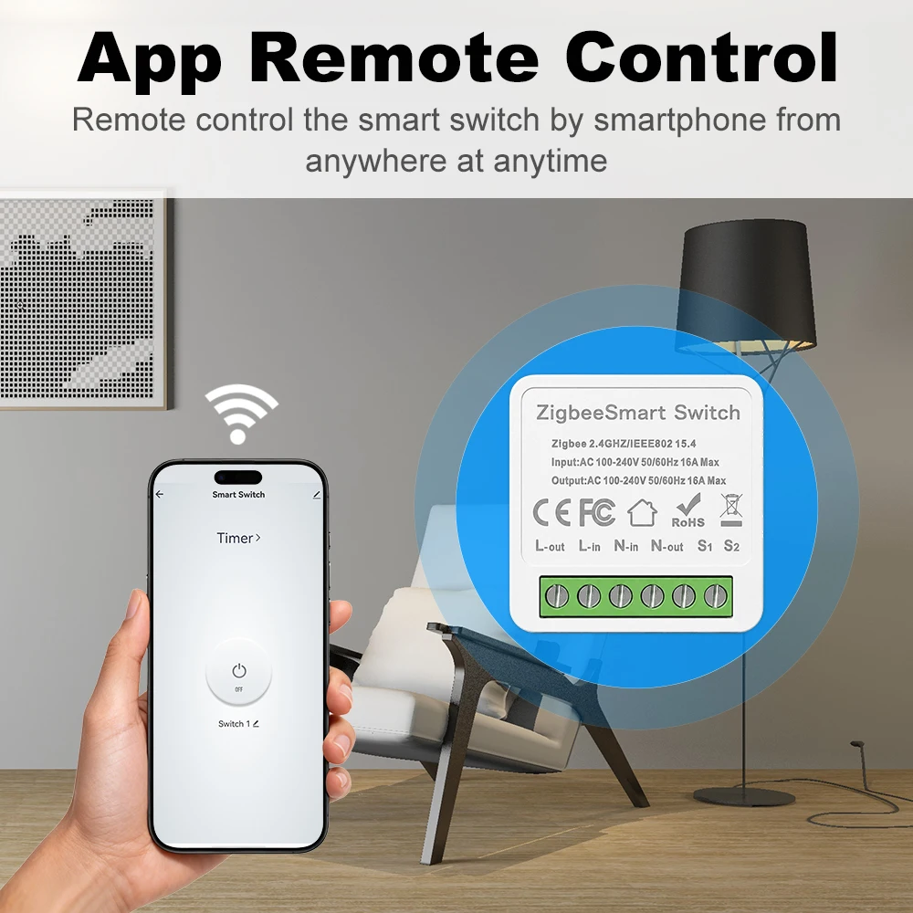 MANHOT ZigBee Smart Switch Module AC100-240V 16A Mini Switch 2 Way Control & APP Voice Control Work with Tuya Alexa Google Home