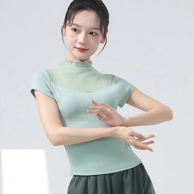 

High Collar Dance Shirt Modern Dancer Practice Top Female Gauze Front Rib Tee Summer Short Sleeve Soft Elegant Classical Show XL